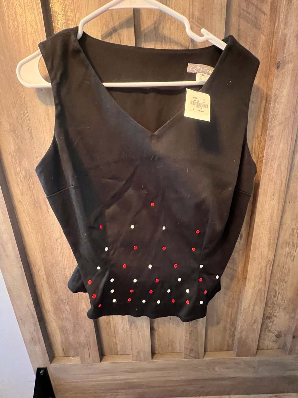 Collin Creek Black Sleeveless V-Neck Top with Red and White Beaded Embellishment